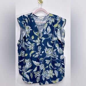 Chaus Navy and Green Floral Blouse